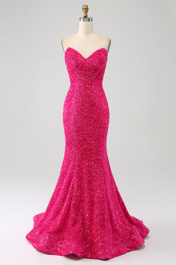 Bling Mermaid Sweetheart Hot Pink Sequins Long Prom Dress